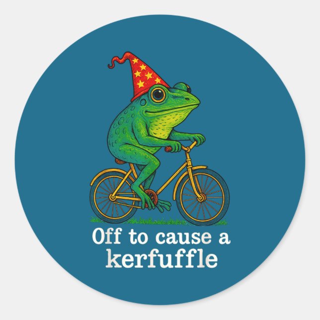 Pegatina Redonda Off To Cause A Kerfuffle Funny Frog Wizard Bicycle (Anverso)