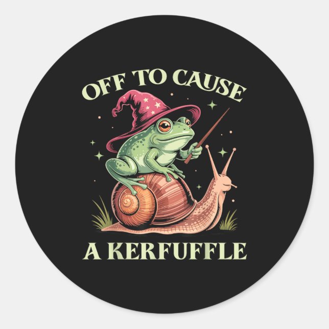 Pegatina Redonda Off To Cause A Kerfuffle Whimsical Wizard Frog Mem (Anverso)