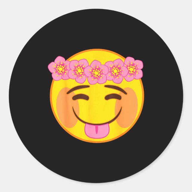 Pegatina Redonda Official Emoji Flower Crown Tongue Yellow Smile Fa (Anverso)