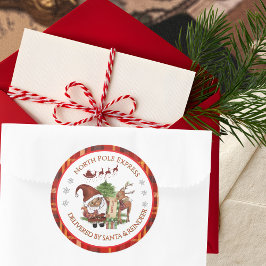 Pegatina Redonda Official North Pole Express Santa Red Plaid
