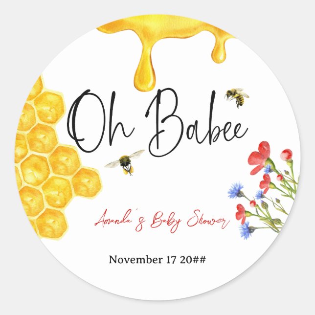Pegatina Redonda Oh Babee Yellow Honey Bee Floral Baby Shower (Anverso)