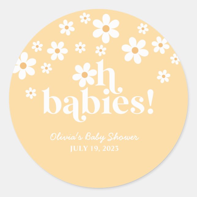 Pegatina Redonda Oh Babies boho Daisy gemelos amarillos Baby Shower (Anverso)