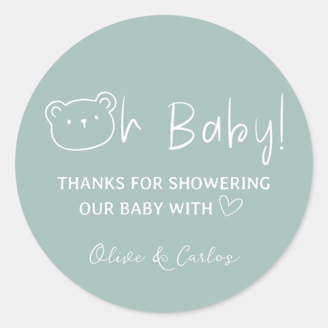 Pegatina Redonda Oh Baby Bear and Heart Gracias Baby Shower (Anverso)