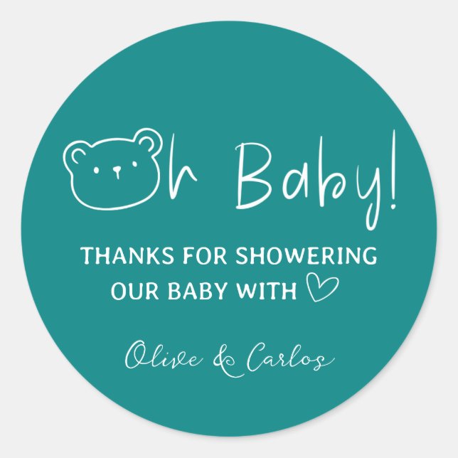 Pegatina Redonda Oh Baby Bear and Heart Gracias Baby Shower (Anverso)