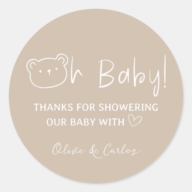 Pegatina Redonda Oh Baby Bear and Heart Gracias Baby Shower (Anverso)