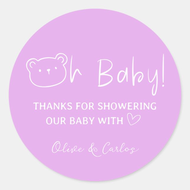 Pegatina Redonda Oh Baby Bear and Heart Gracias Baby Shower (Anverso)