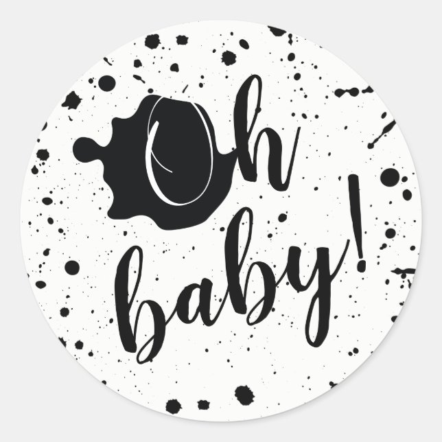 Pegatina Redonda Oh Baby Black and White Paint Splatter Baby Shower (Anverso)