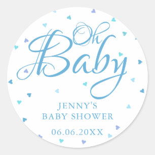 Pegatina Redonda Oh Baby Blue Love Hearts Baby Shower / Sprinkle