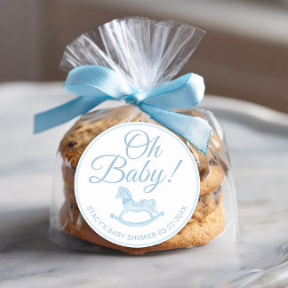 Pegatina Redonda Oh Baby Blue Rocking Horse Baby Shower Favor 