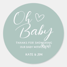 Pegatina Redonda Oh Baby Blue Sage Green Baby Shower Gracias