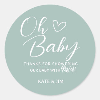 Pegatina Redonda Oh Baby Blue Sage Green Baby Shower Gracias