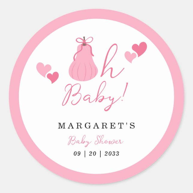 Pegatina Redonda Oh Baby Cute Pink Bow Chica Baby Shower (Anverso)
