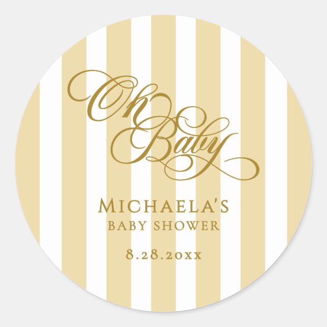 Pegatina Redonda Oh Baby Elegante Letras y Rayas Baby Shower (Anverso)