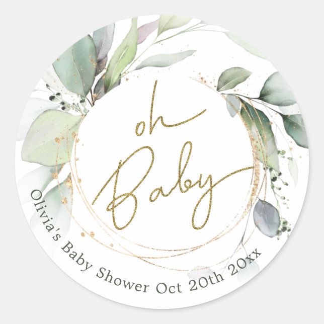 Pegatina Redonda Oh Baby Eucalyptus Pegatinas de Baby Shower (Anverso)