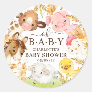 Pegatina Redonda  Oh Baby Farm Animals Baby Shower Favor 