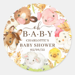 Pegatina Redonda Oh Baby Farm Animals Baby Shower Favor