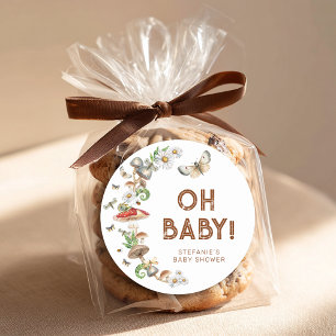 Pegatina Redonda Oh Baby Favor para Baby Shower Bosque de Hongos