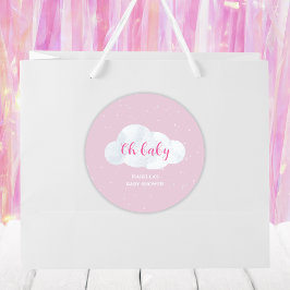 Pegatina Redonda Oh Baby Girl Pink Clouds Sky Stars Baby Shower