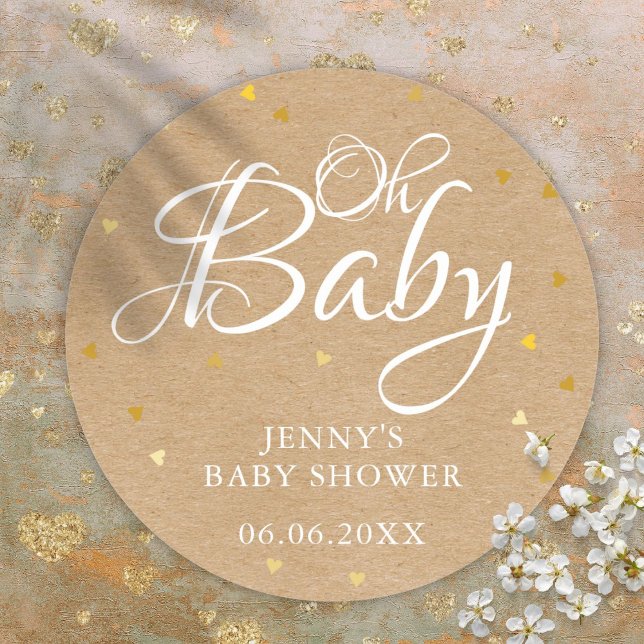Pegatina Redonda Oh Baby Gold Love Hearts Rustic Kraft Baby Shower (Oh Baby Gold Love Hearts Rustic Kraft Baby Shower Classic Round Sticker)