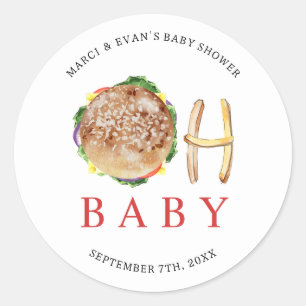 Pegatina Redonda Oh Baby Hamburger and Fries Co Ed Baby Shower