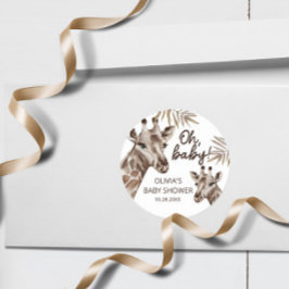Pegatina Redonda Oh Baby Mama y Baby Giraffe Neutral Baby Shower