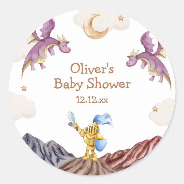 Pegatina Redonda Oh Baby Medieval Fairytale Dragon Boy Baby Shower (Anverso)