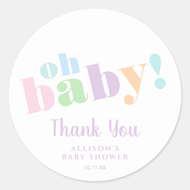 Pegatina Redonda Oh Baby Minimal Pastel Baby Shower Gracias (Anverso)
