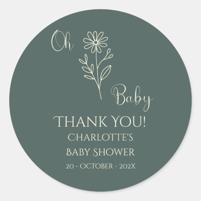 Pegatina Redonda Oh Baby Minimalist Wildflower Baby Shower (Anverso)