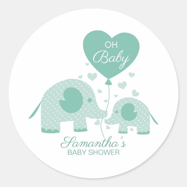 Pegatina Redonda Oh Baby Mint Green Elephant Baby Shower Favor (Anverso)