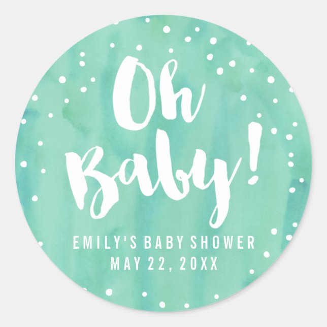 Pegatina Redonda Oh Baby Mint Watercolor Baby Shower (Anverso)