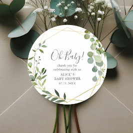 Pegatina Redonda Oh Baby Modern Greenery Leaves Baby Shower Clásico
