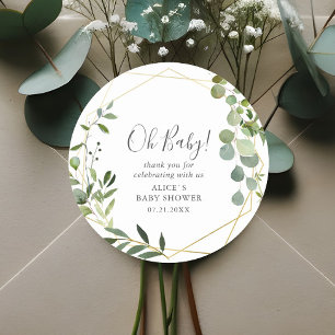 Pegatina Redonda Oh Baby Modern Greenery Leaves Baby Shower Clásico