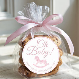 Pegatina Redonda Oh Baby Pink Rocking Horse Baby Shower Favor 