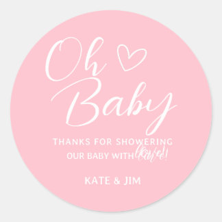 Pegatina Redonda Oh Baby Pink Simple Chica Baby Shower Gracias