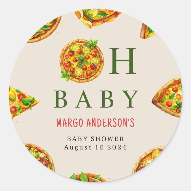Pegatina Redonda Oh Baby Pizza Tomates Olivia Green Baby Shower (Anverso)