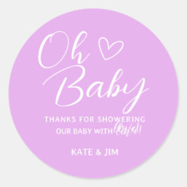 Pegatina Redonda Oh Baby Purple Lavender Baby Shower Gracias