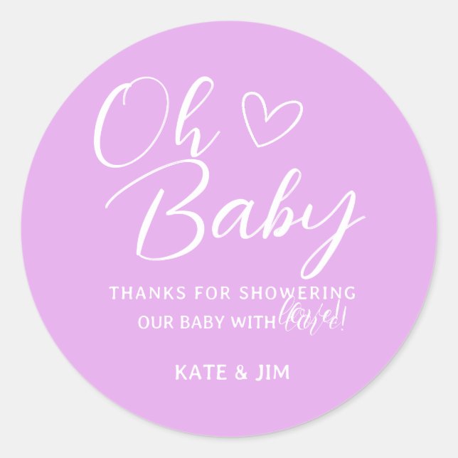 Pegatina Redonda Oh Baby Purple Lavender Baby Shower Gracias (Anverso)