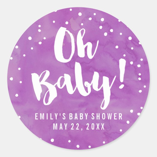 Pegatina Redonda Oh Baby Purple Watercolor Baby Shower (Anverso)