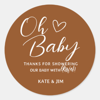 Pegatina Redonda Oh Baby Saddle Brown Baby Shower Gracias