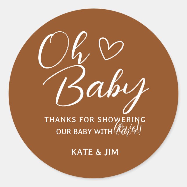 Pegatina Redonda Oh Baby Saddle Brown Baby Shower Gracias (Anverso)