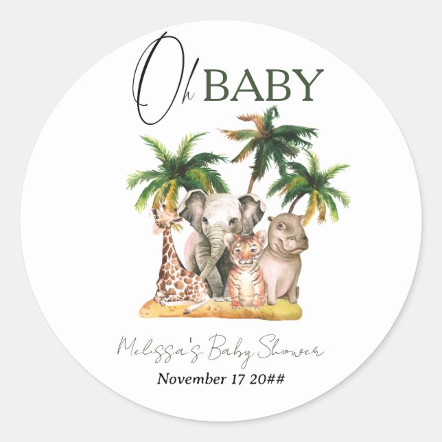 Pegatina Redonda Oh Baby Safari Wild Animals Baby Shower tropical (Anverso)