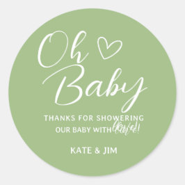 Pegatina Redonda Oh Baby Sage Green Baby Shower Gracias Mensaje