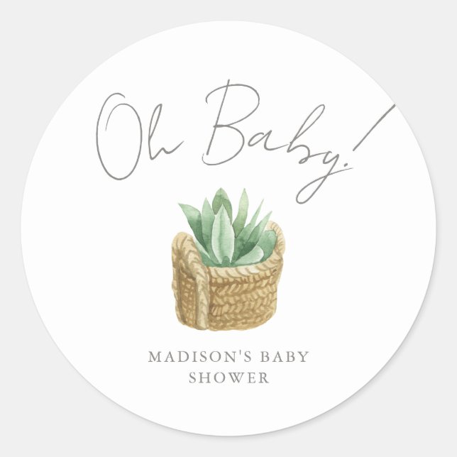 Pegatina Redonda Oh Baby Simple Succulum Baby Shower (Anverso)