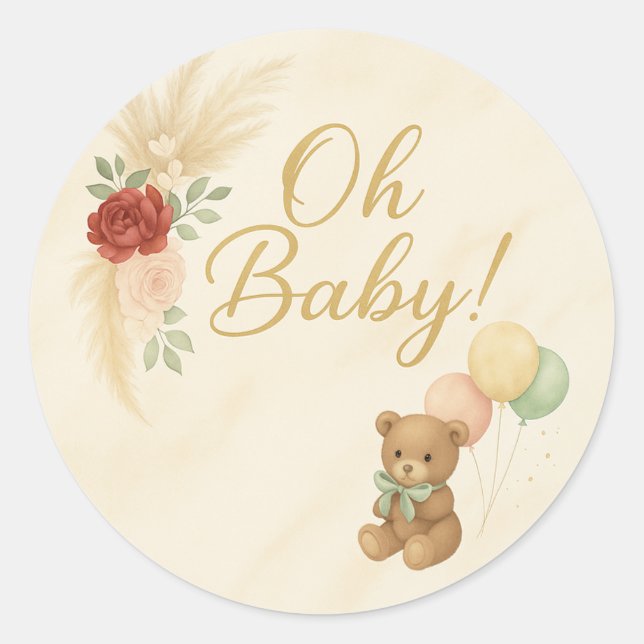 Pegatina Redonda Oh Baby! Teddy Bear & Pampas Baby Shower Sticker (Anverso)