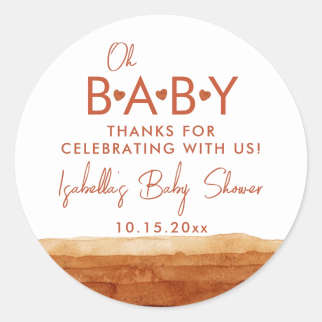 Pegatina Redonda Oh Baby Terracotta Baby Shower Gracias (Anverso)