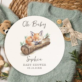 Pegatina Redonda Oh Baby Warm Beige Woodland Fox Baby Shower 
