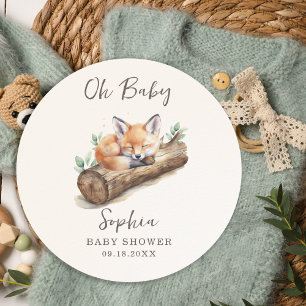 Pegatina Redonda Oh Baby Warm Beige Woodland Fox Baby Shower