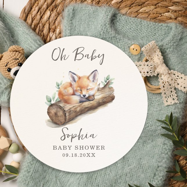 Pegatina Redonda Oh Baby Warm Beige Woodland Fox Baby Shower  (Subido por el creador)