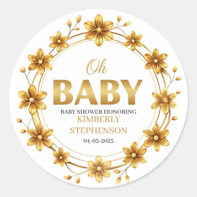 Pegatina Redonda Oh Baby Watercolor Rose Gold Baby Shower (Anverso)