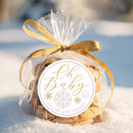 Pegatina Redonda Oh Baby Winter Wonderland Pink Baby Shower Favor